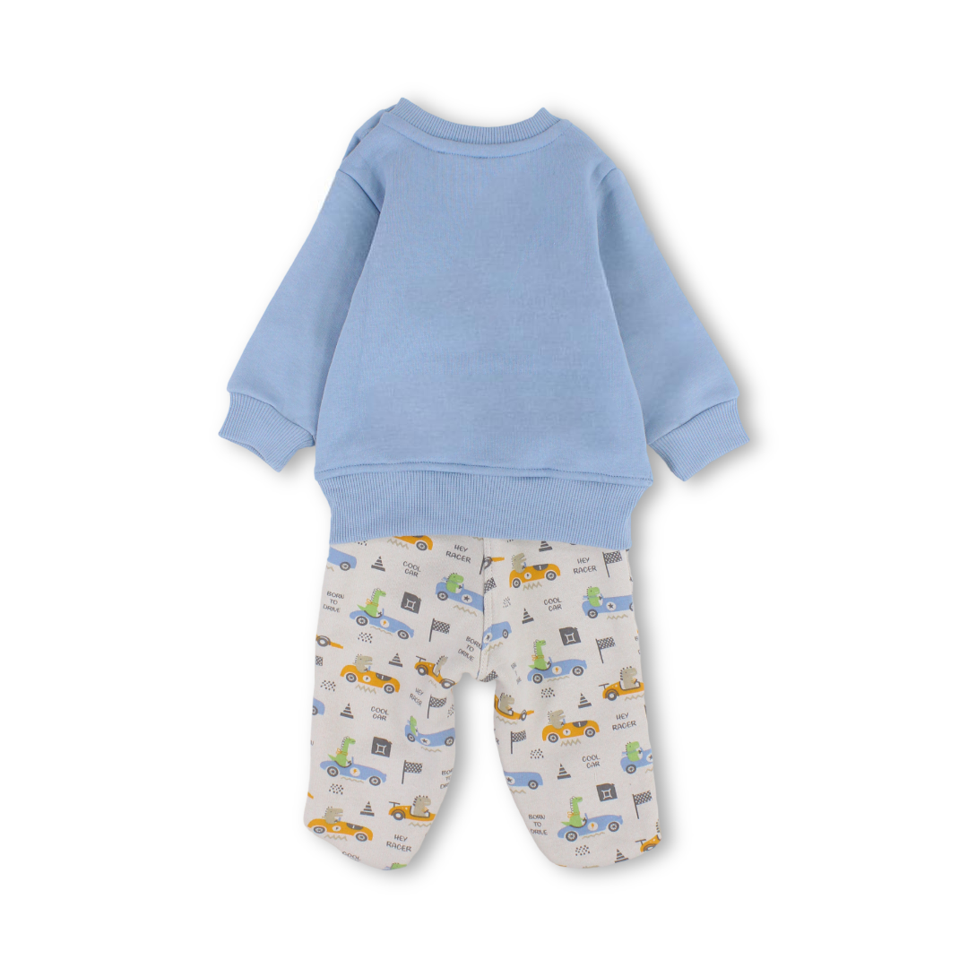 Baby Boys Cotton Pajama – Baby Blue with ”Hey Racer” Print