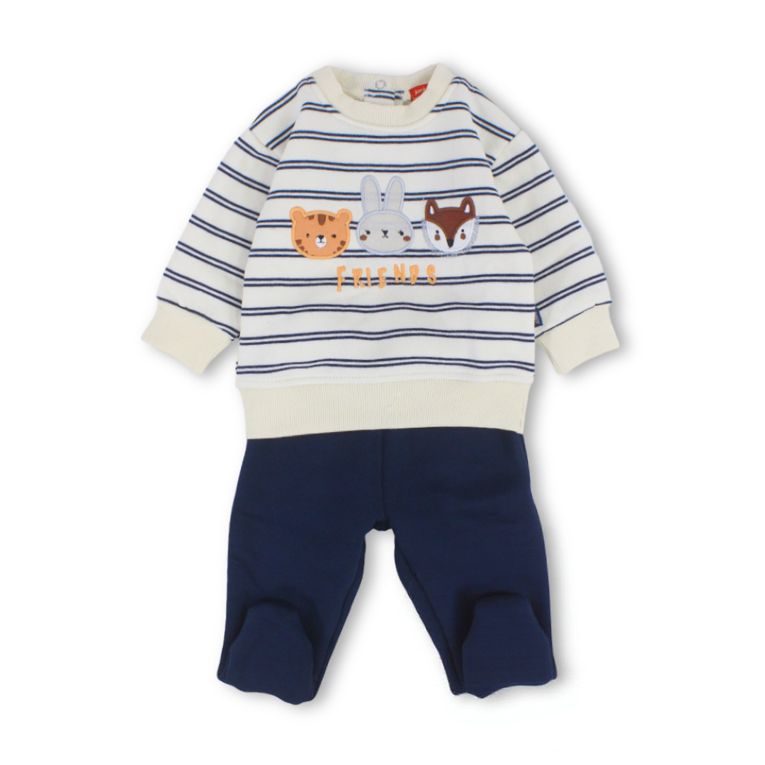 Baby Boys Cotton Pajama – Striped Off-White with Animals Embroidery