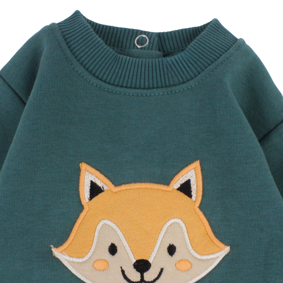 Baby Boys Cotton Footless Onesie – Teal with Fox Embroidery