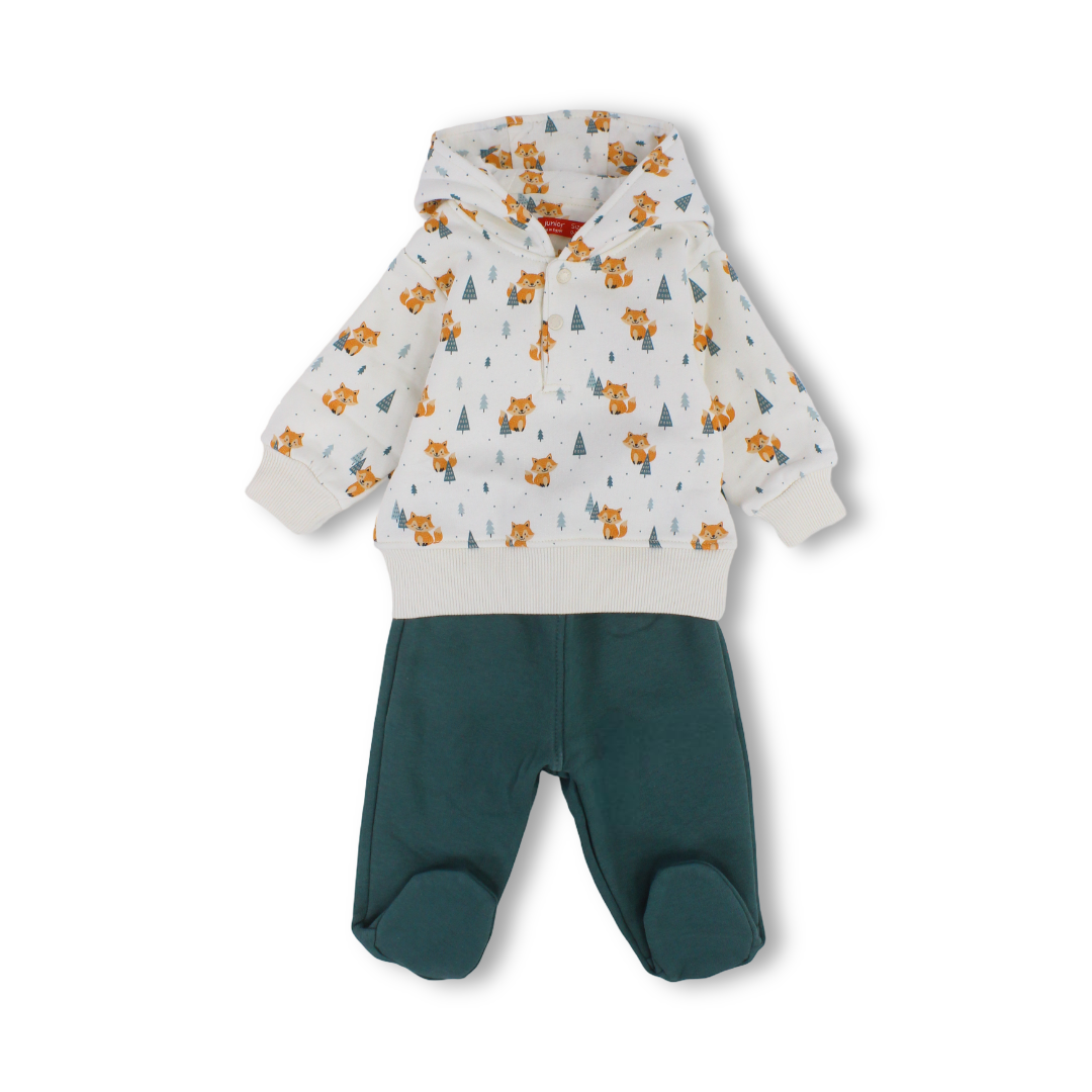 Baby Boys Cotton Hooded Pajama – Off-White with Fox Print