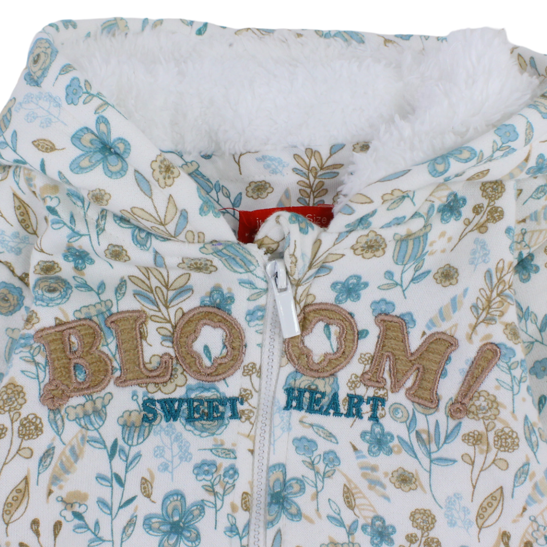 Baby Boys Cotton Hooded Baby Footie – Off-White with “Bloom“ Embroidery