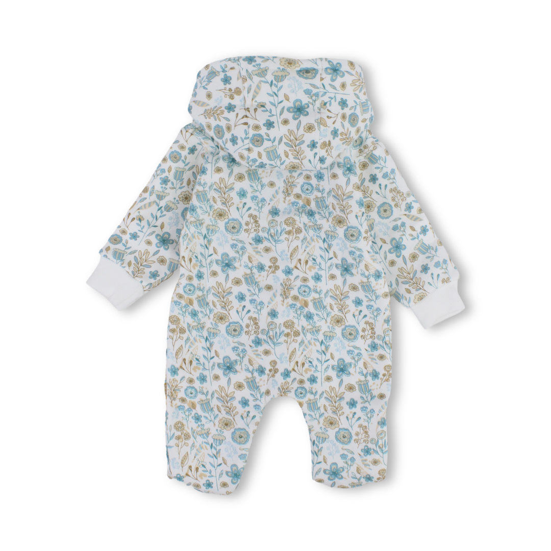 Baby Boys Cotton Hooded Baby Footie – Off-White with “Bloom“ Embroidery
