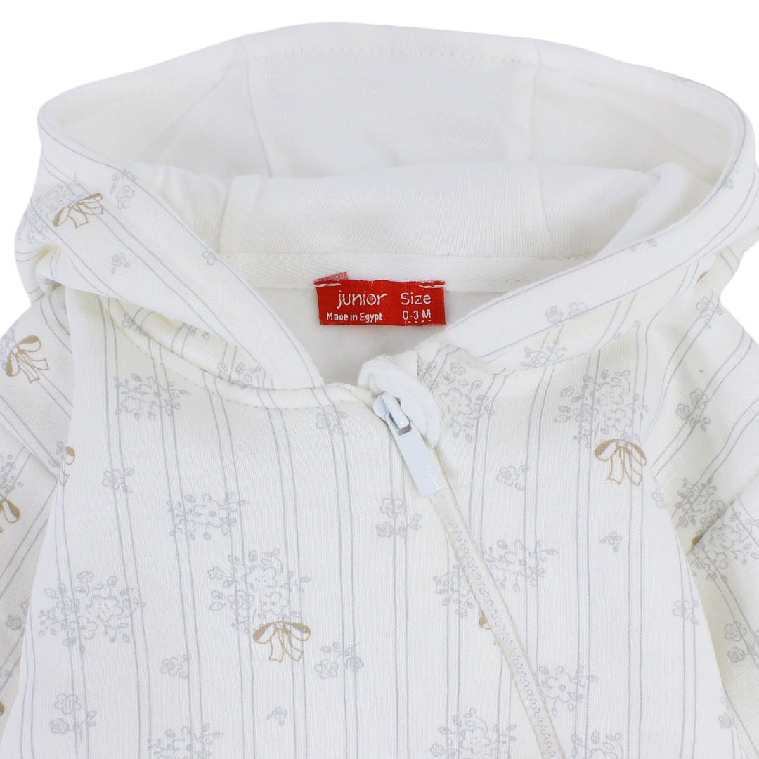 Baby Girls Cotton Hooded Onesie – Off-White with Flowers Print