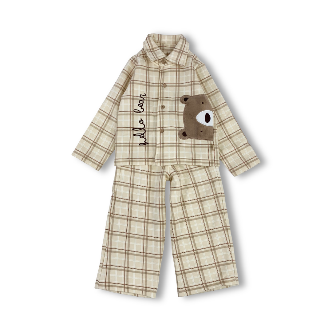 Boys Cotton Pajama – Checkered Beige "Hello Bear" Print