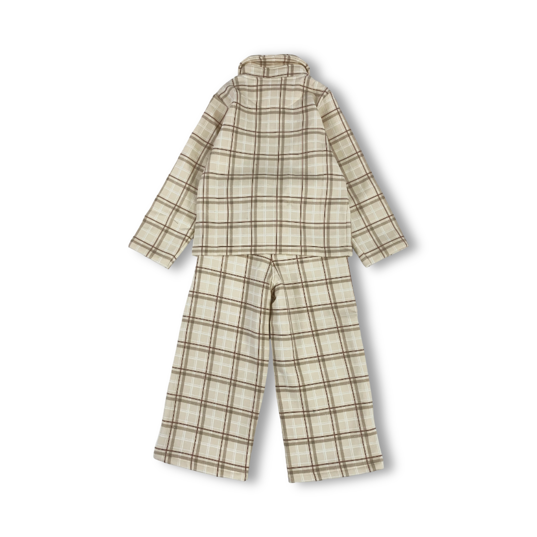 Boys Cotton Pajama – Checkered Beige "Hello Bear" Print