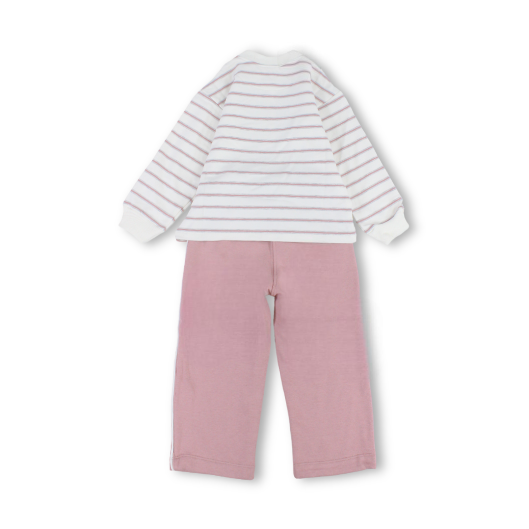 Girls Cotton Pajama – Striped Off-White & Pink