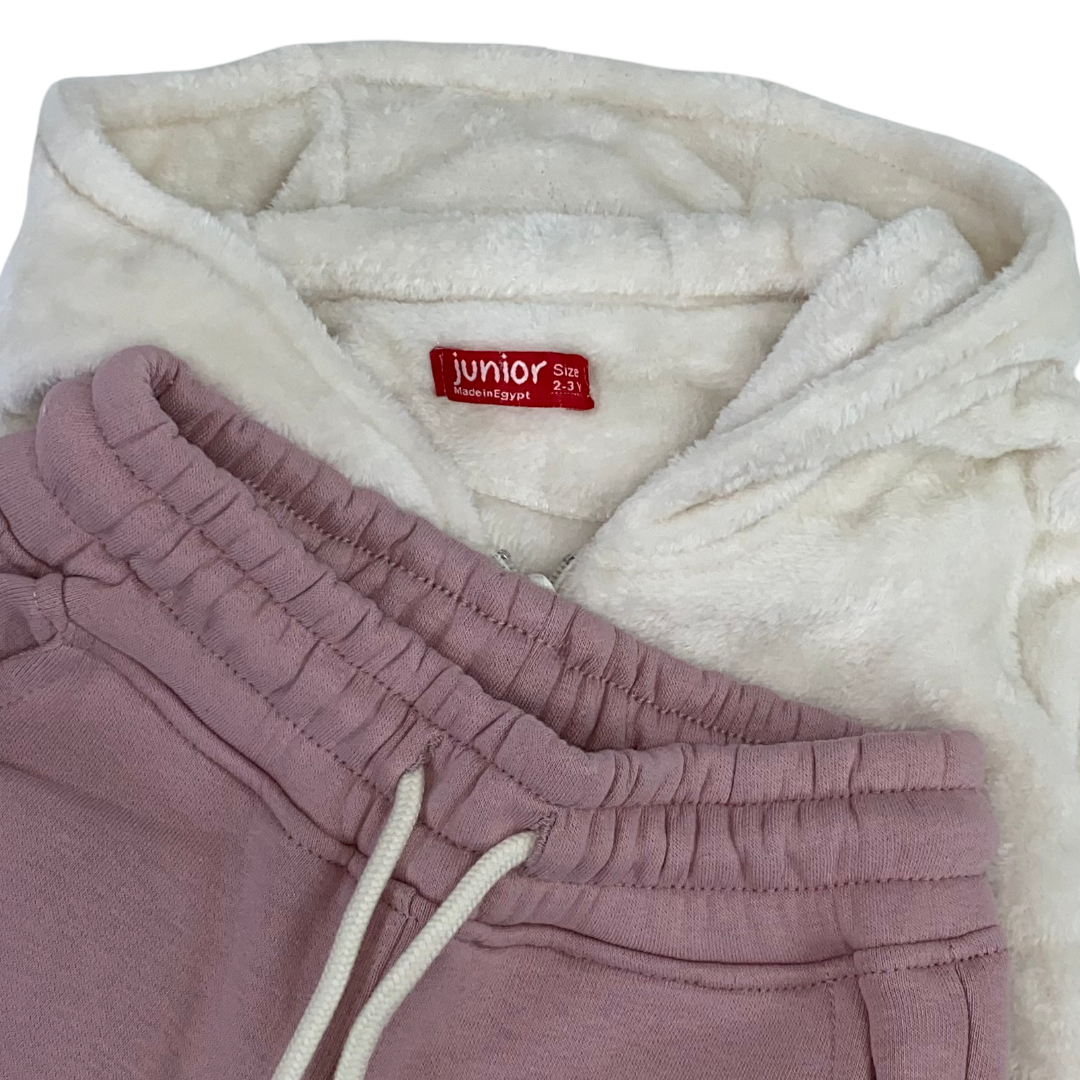 Girls Cotton Hooded Pajama – Off-White & Dusty Pink with Rabbit Design
