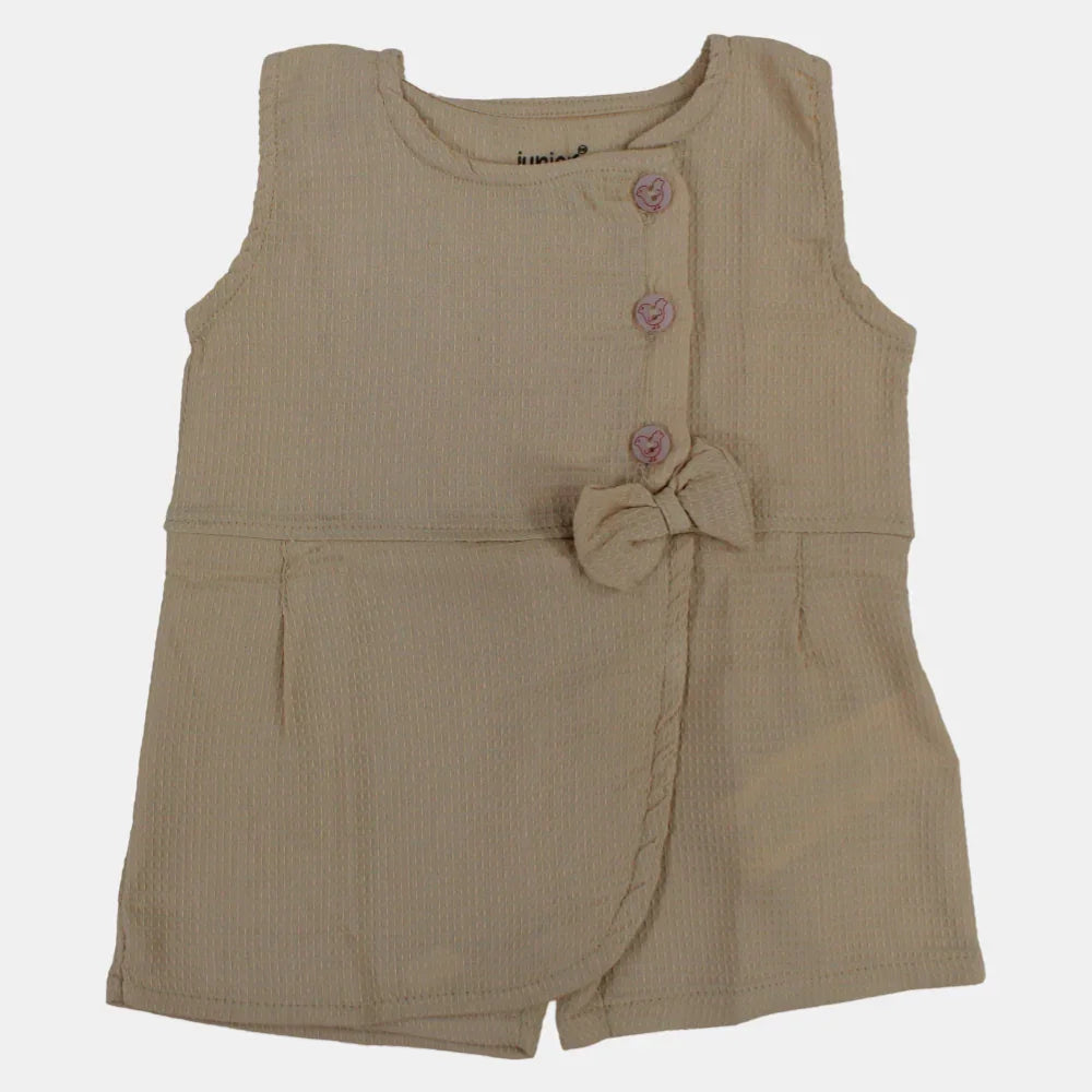Baby Girls' Sleeveless Cotton Romper – Beige with Bow - Clothing - Junior