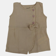 Baby Girls' Sleeveless Cotton Romper – Beige with Bow