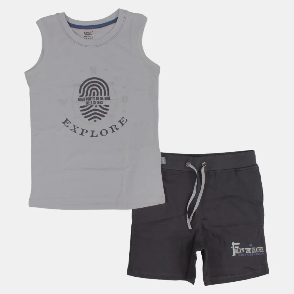 Boys Sleeveless Cotton Pajama Set – Grey (Explore Theme)