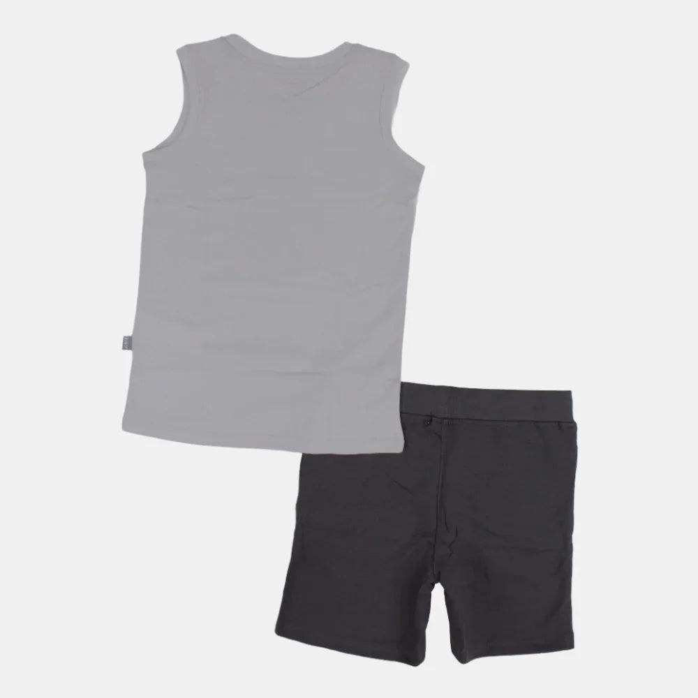 Boys Sleeveless Cotton Pajama Set – Grey (Explore Theme)