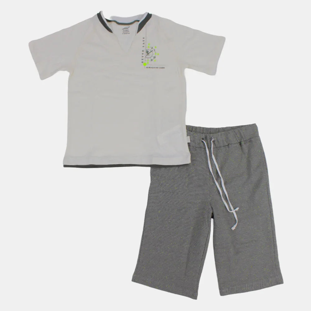 Boys Short-Sleeved Cotton Pajama Set – (Off-White/Grey)