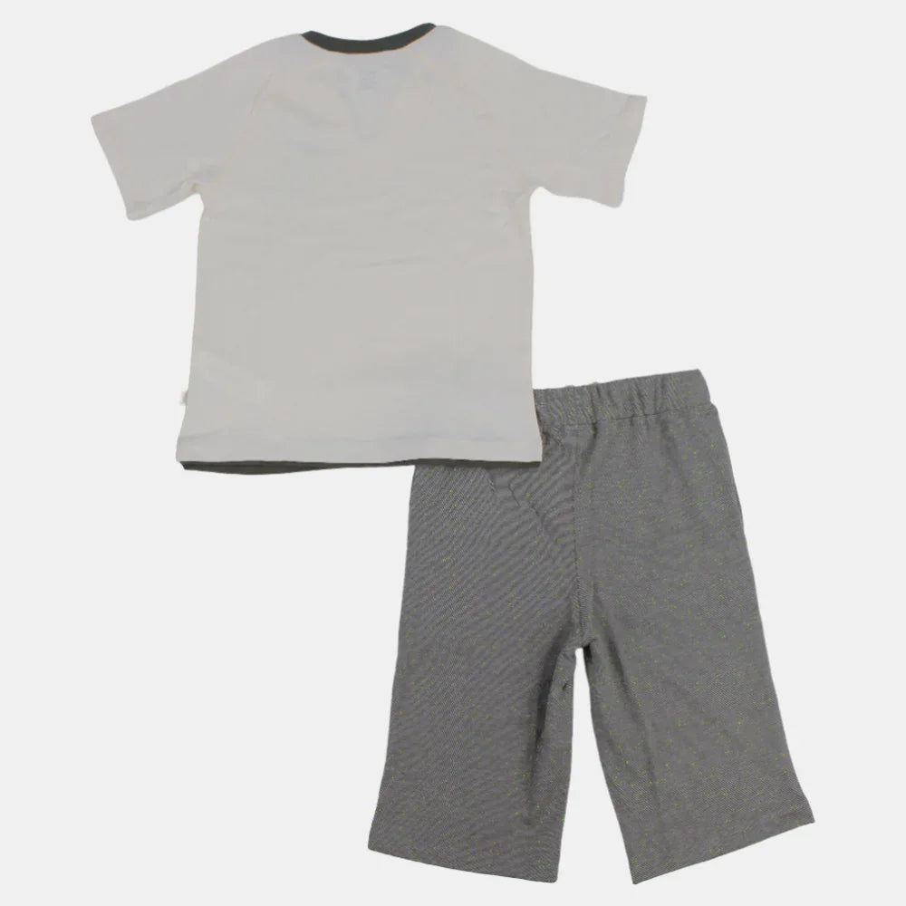 Boys Short-Sleeved Cotton Pajama Set – (Off-White/Grey)
