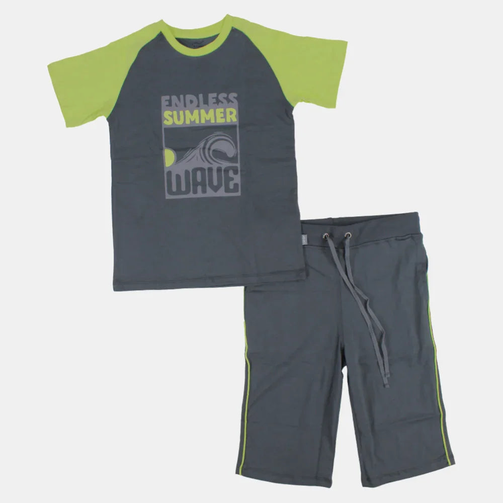 Boys Short-Sleeved Cotton Pajama Set – Grey (Summer Theme)
