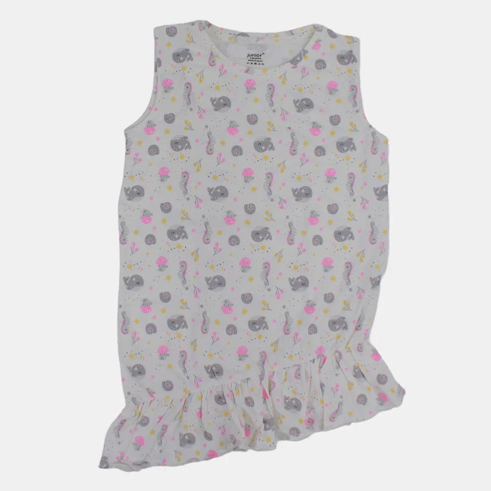 Girls Sleeveless Cotton Nightgown – Off-White (Under the Sea Theme)