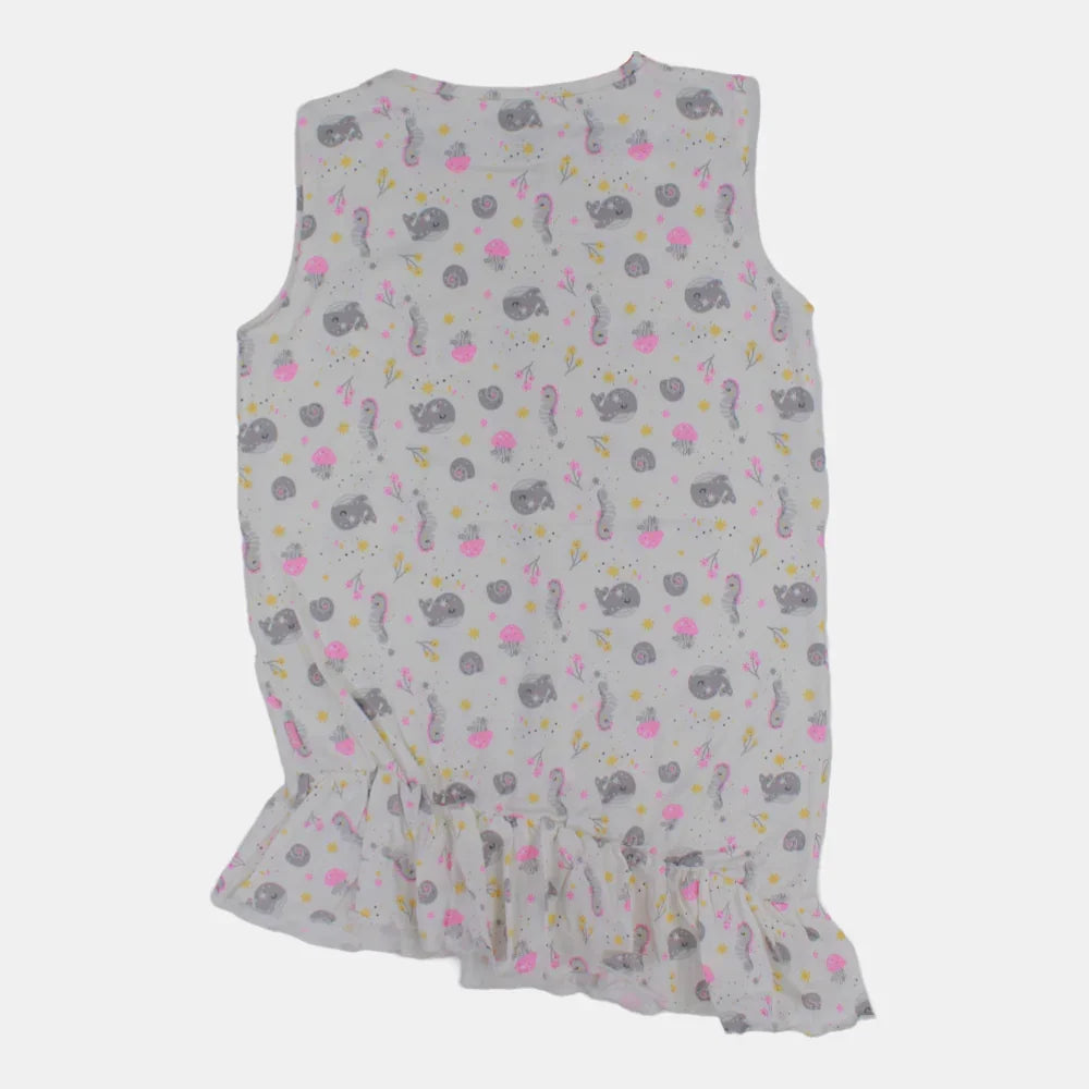 Girls Sleeveless Cotton Nightgown – Off-White (Under the Sea Theme)
