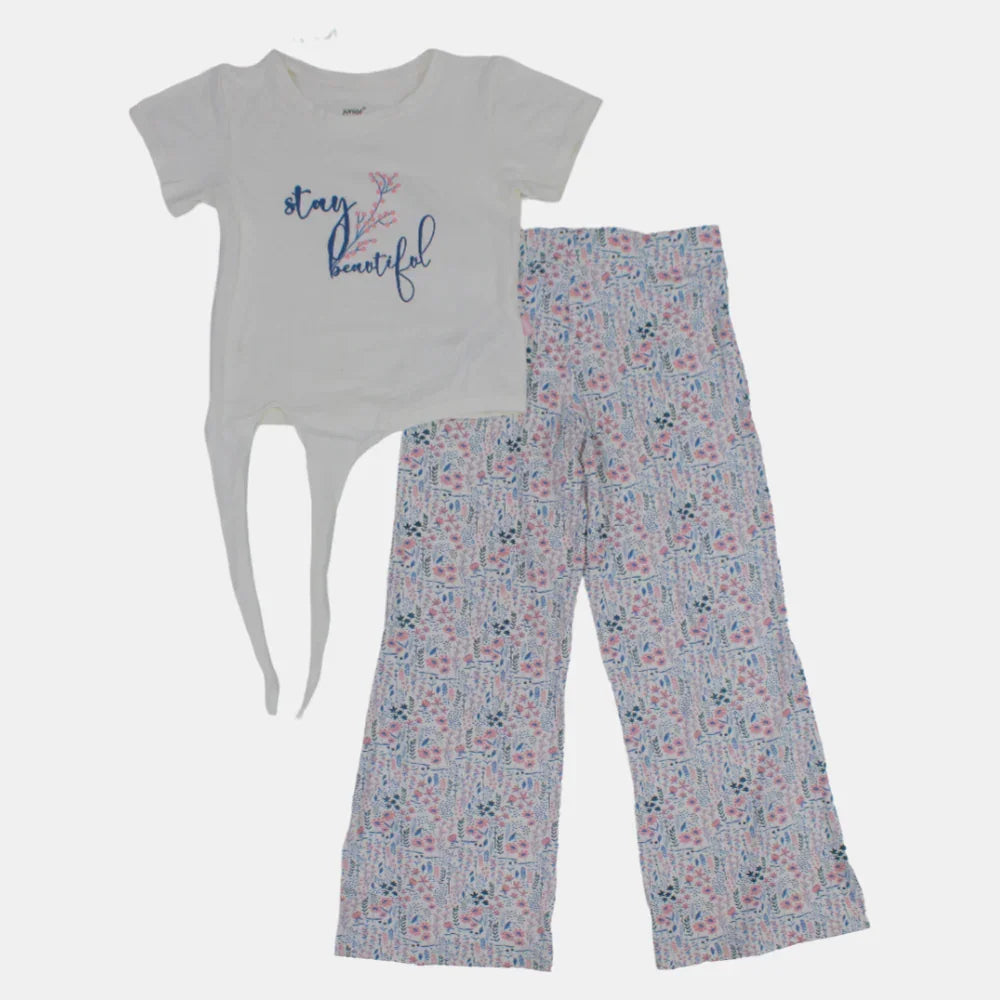 Girls Short-Sleeved Cotton Pajama Set – Off-White with Floral Design