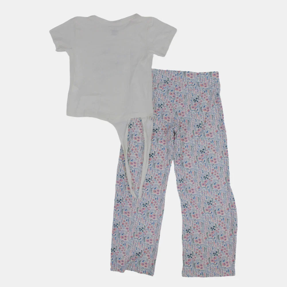 Girls Short-Sleeved Cotton Pajama Set – Off-White with Floral Design