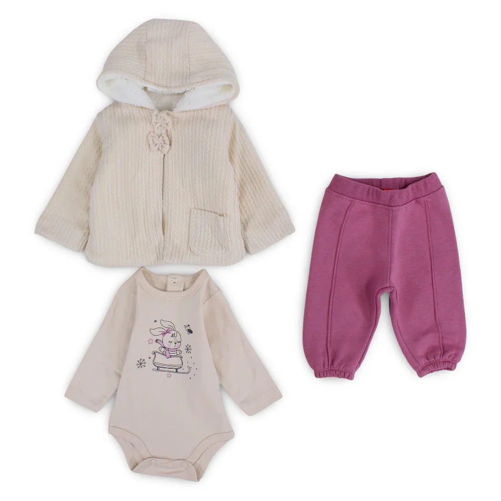 Baby Girls Wool Hooded 3-Piece Pajama Set – Beige with Rabbit Design