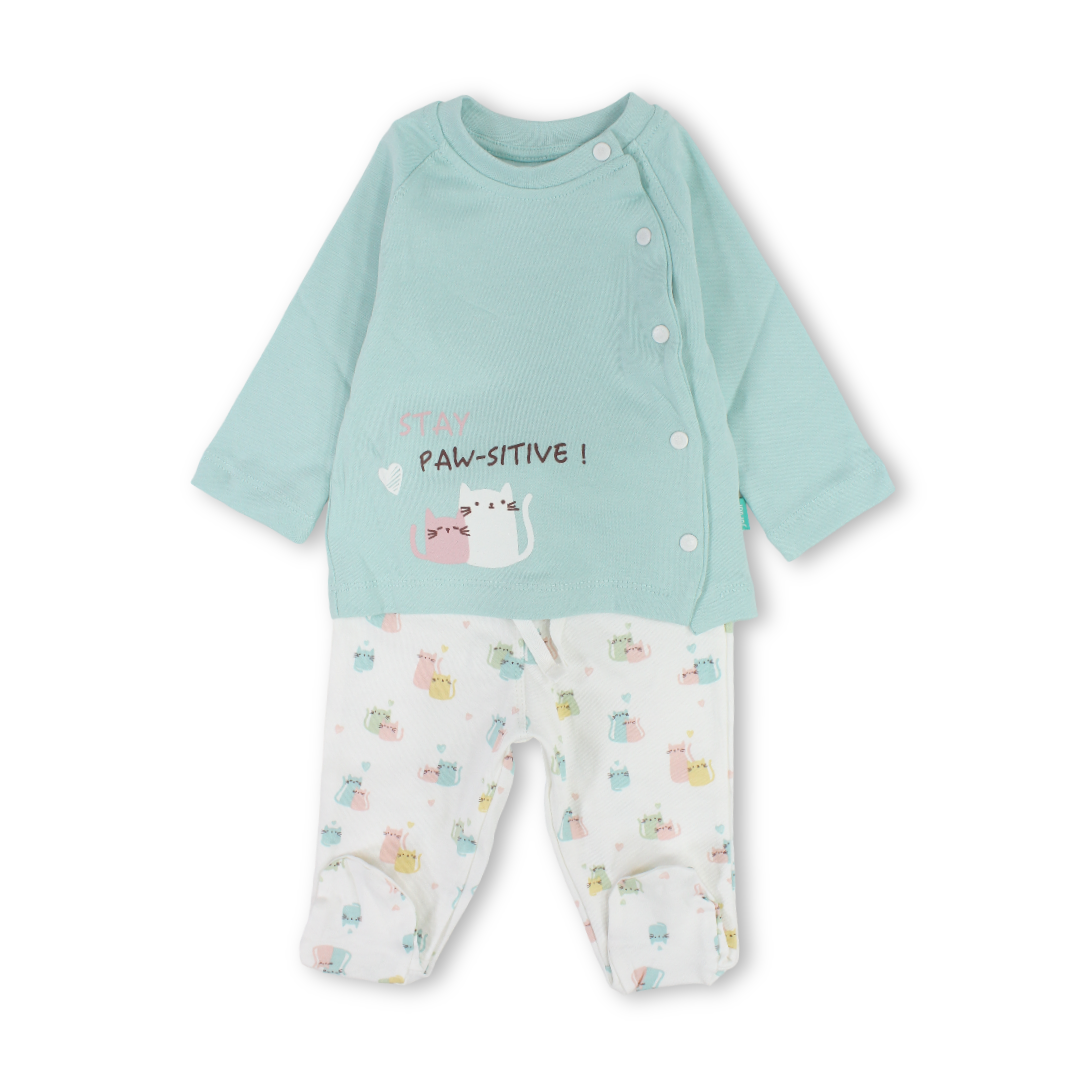 Baby Girls Cotton Pajama – Aqua with "Stay Paw-Sitive" Cat Print
