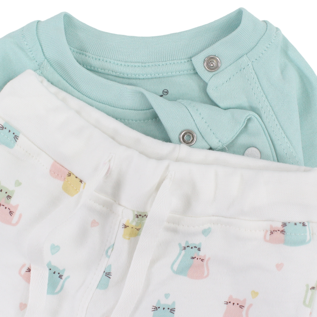 Baby Girls Cotton Pajama – Aqua with "Stay Paw-Sitive" Cat Print