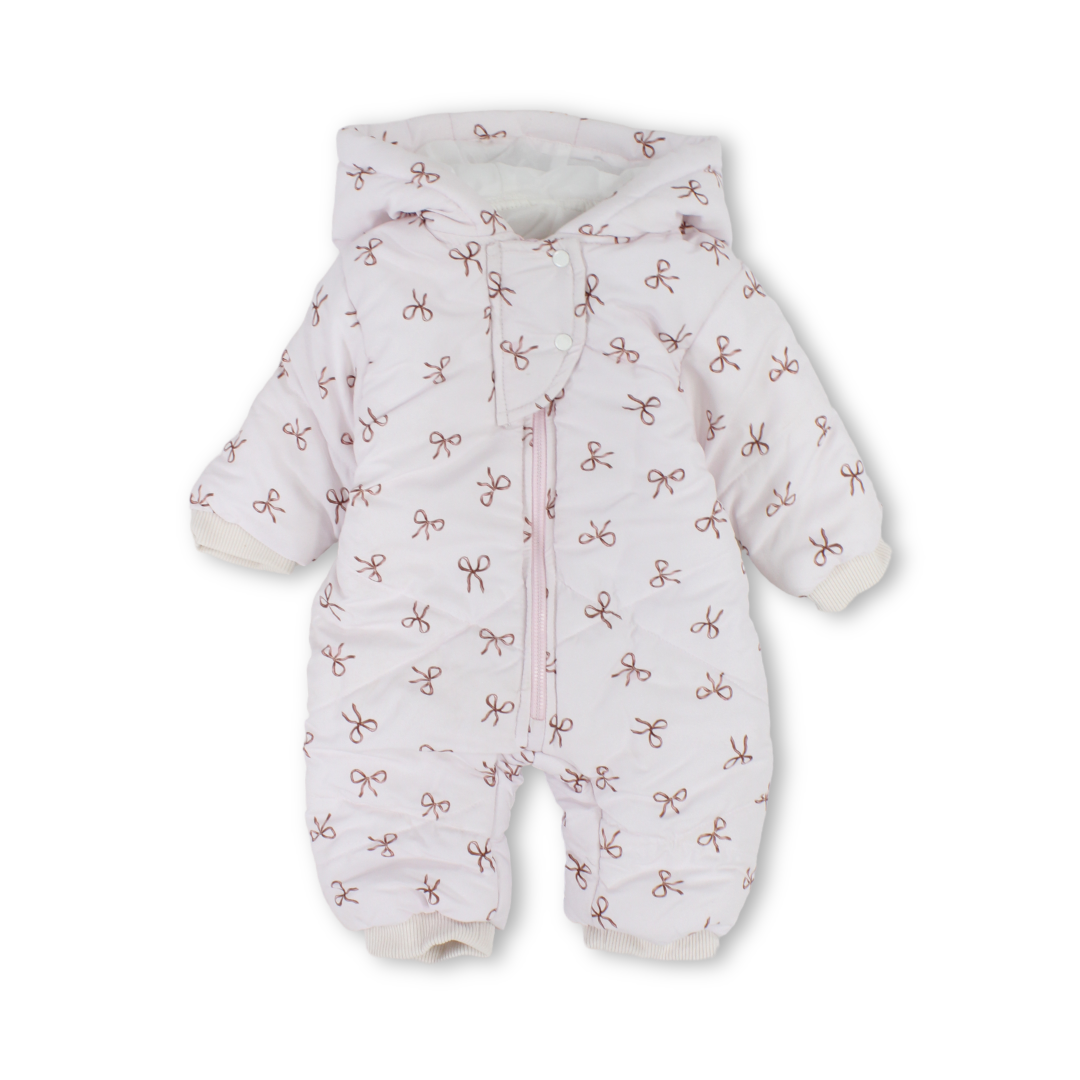 Baby Girls Waterproof Hooded Baby Footie Onesie – Pink with Bow Print