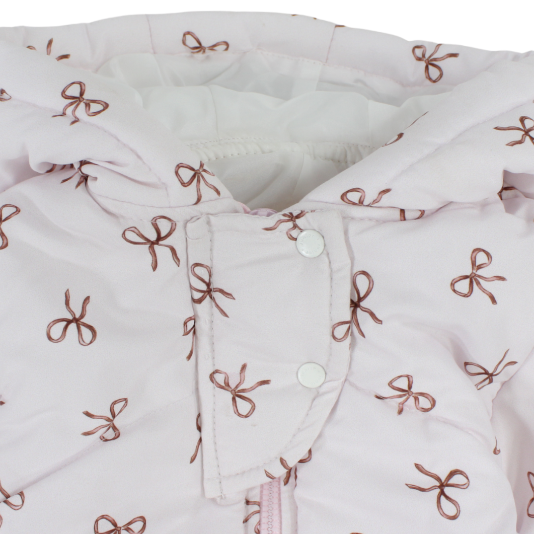 Baby Girls Waterproof Hooded Baby Footie Onesie – Pink with Bow Print