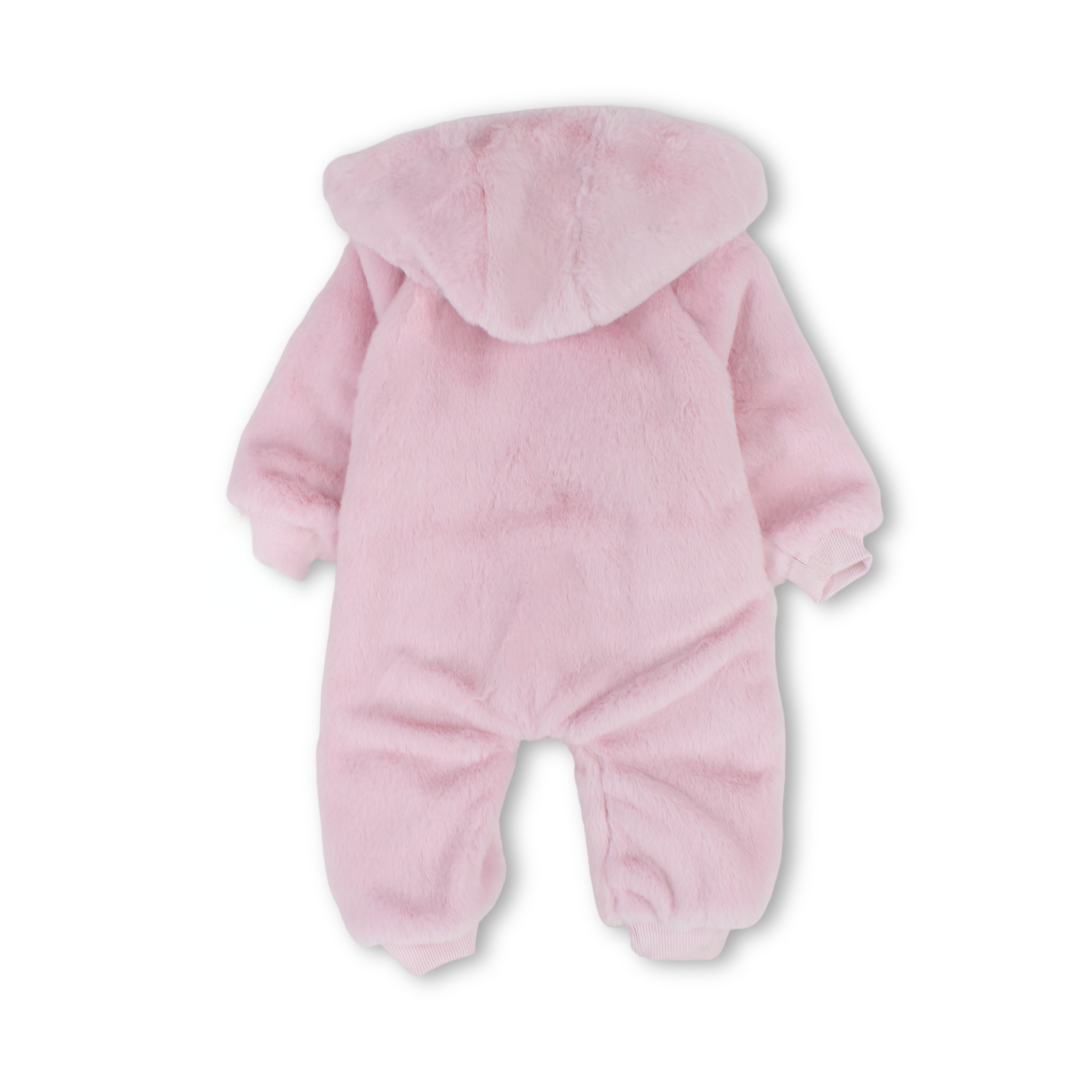 Baby Girls Fleece Hooded Baby Footie – Pink with Fur Print