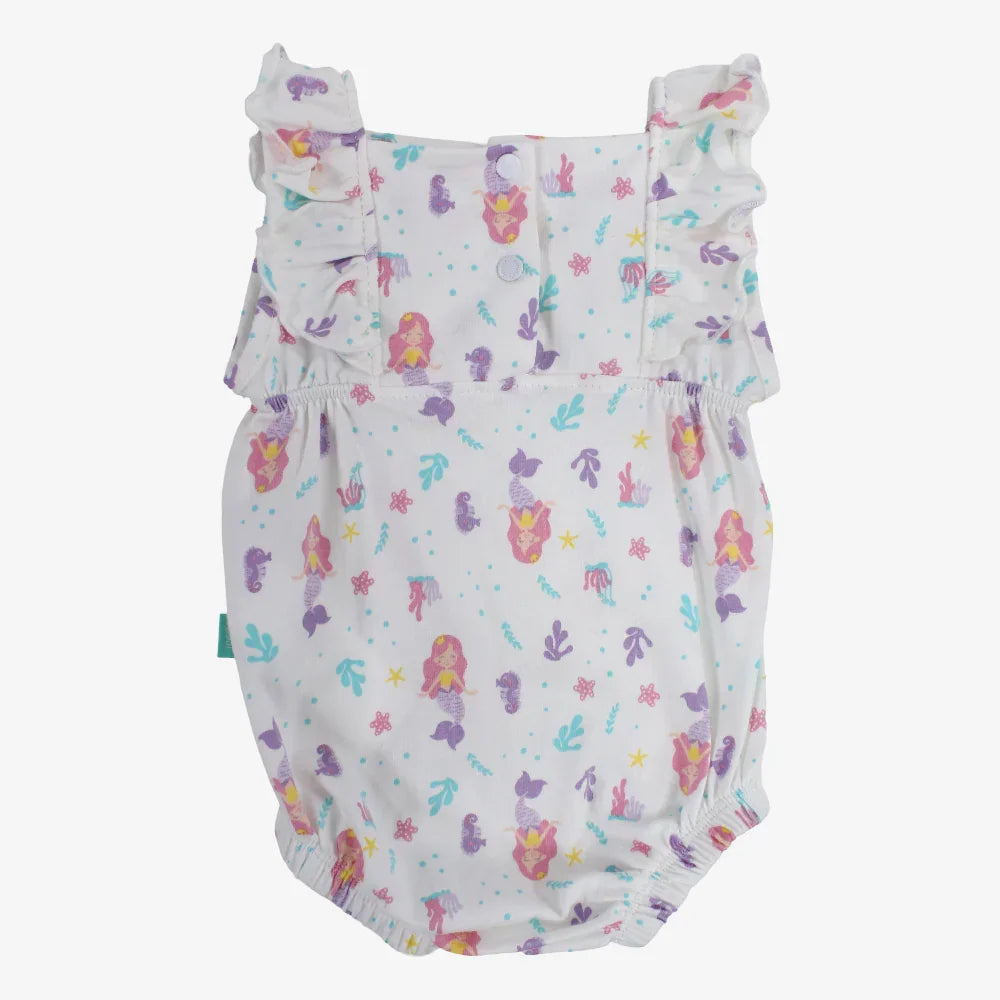 Baby Girls Cotton Romper – Off-White with Mermaid Design