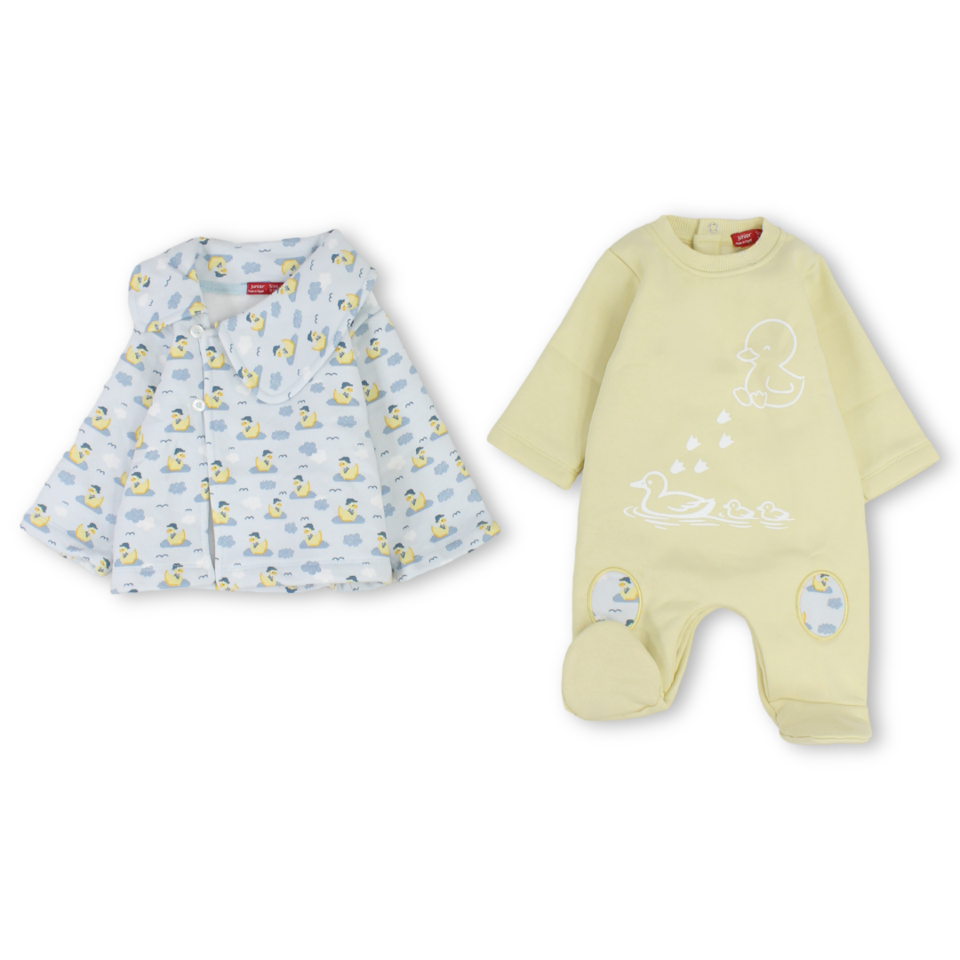 Baby Boys Cotton 2-Piece Baby Footie – Baby Blue & Yellow with Duck Print