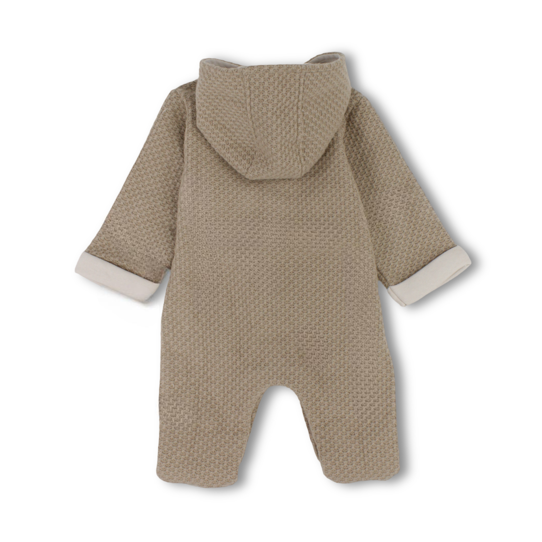 Baby Boys Wool Hooded Baby Footie – Camel with Dinosaur Print