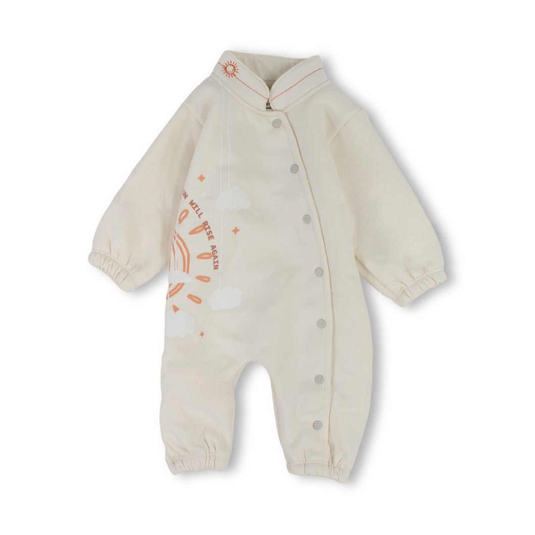 Baby Girls Cotton Footless Onesie – Cream with Sun & Cloud Print