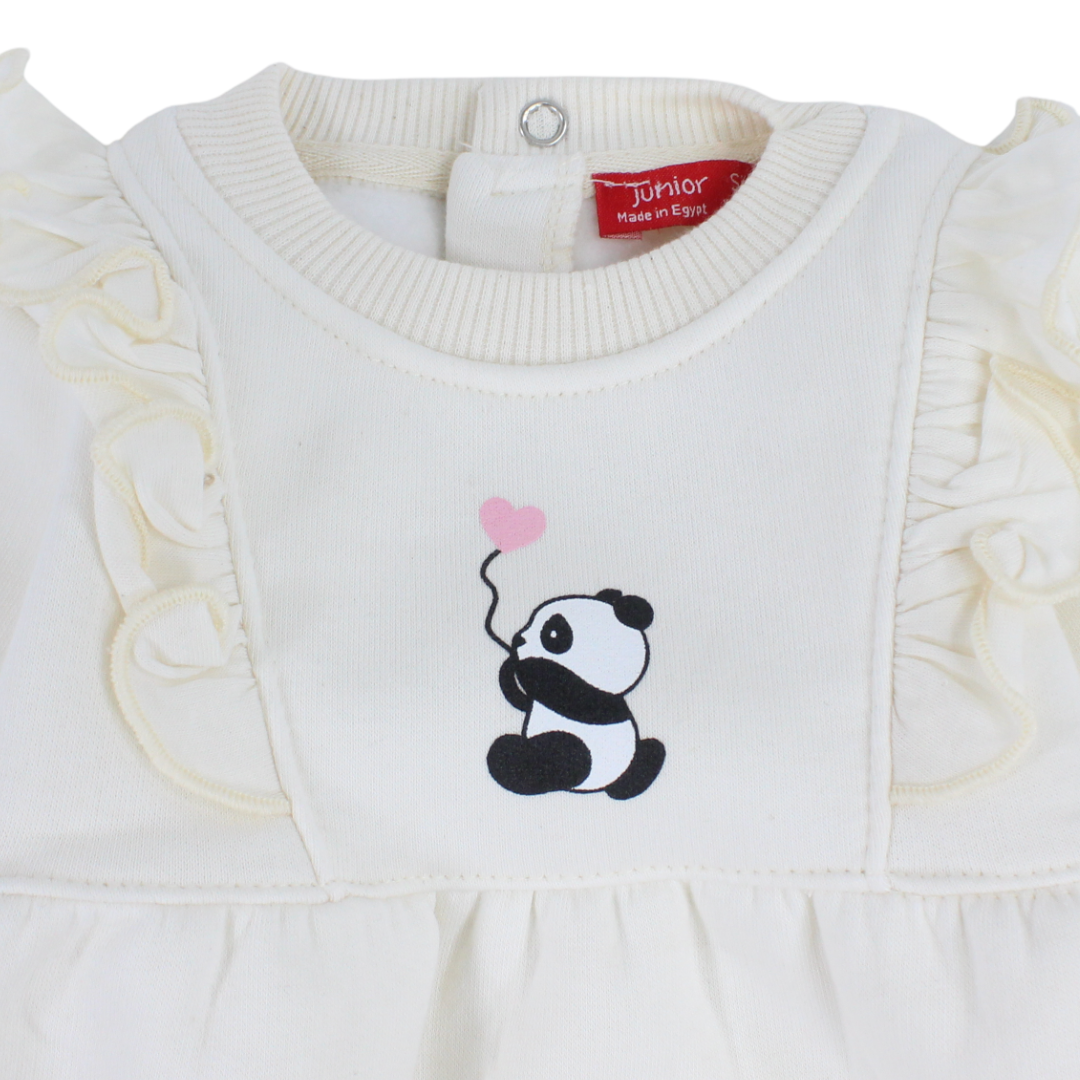 Baby Girls Cotton Footless Onesie – Off-White with Panda Print