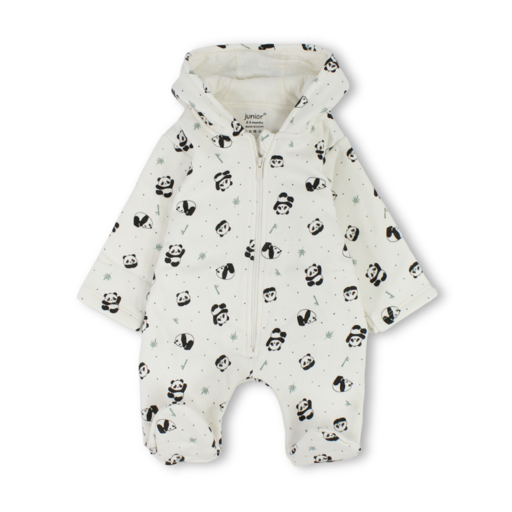 Baby Girls Cotton Hooded Baby Footie Onesie – Off-White with Panda Print