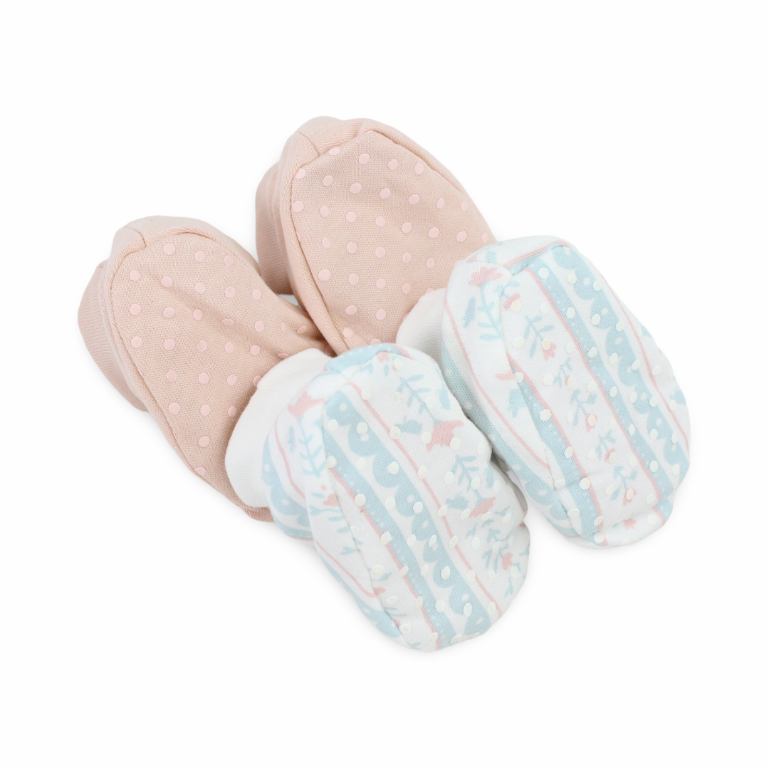 Baby Girls Cotton Footies – Pink + Off-White with Flowers Print (2 Set)