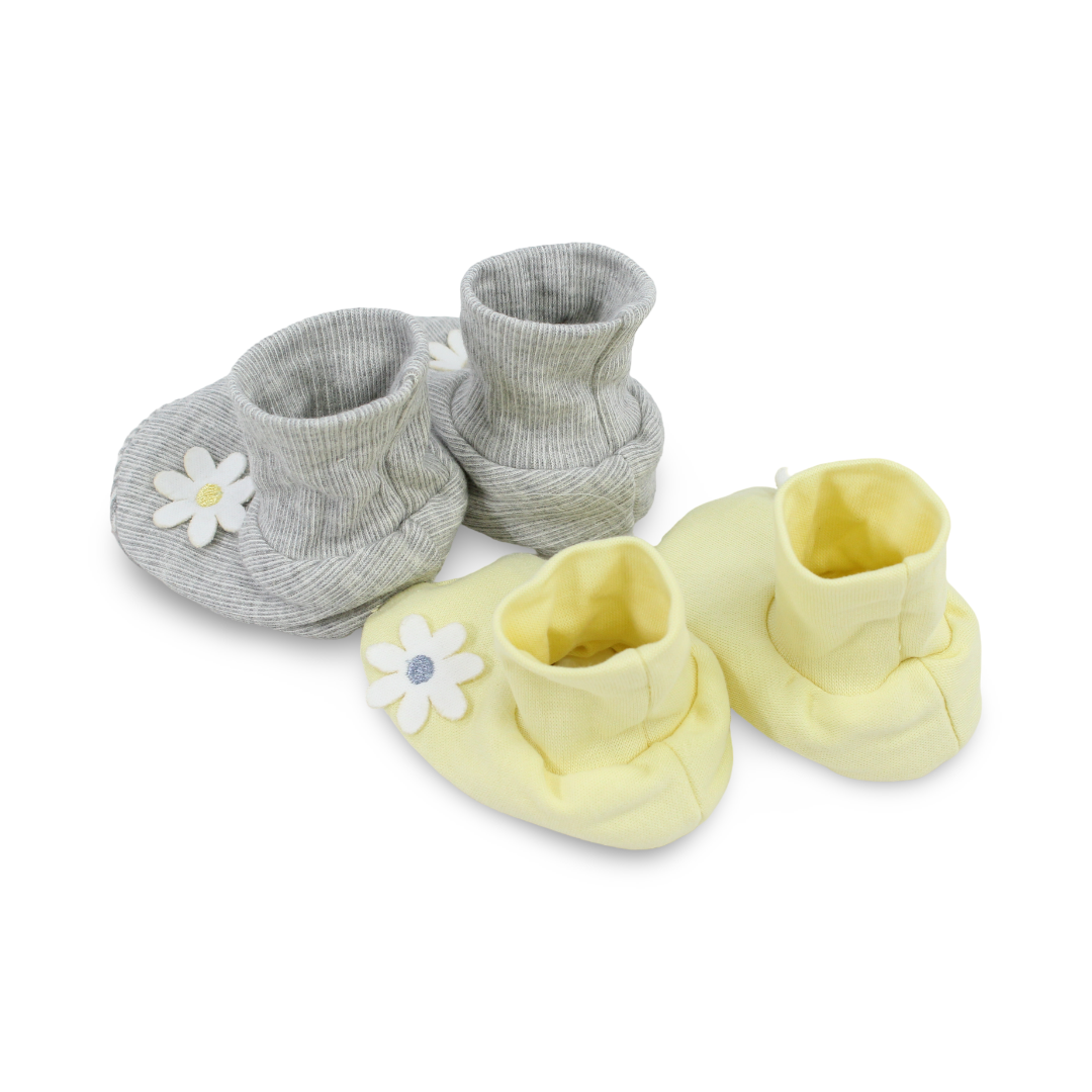 Baby Girls Cotton Footies – Yellow + Grey with Flowers Design (2 Sets)