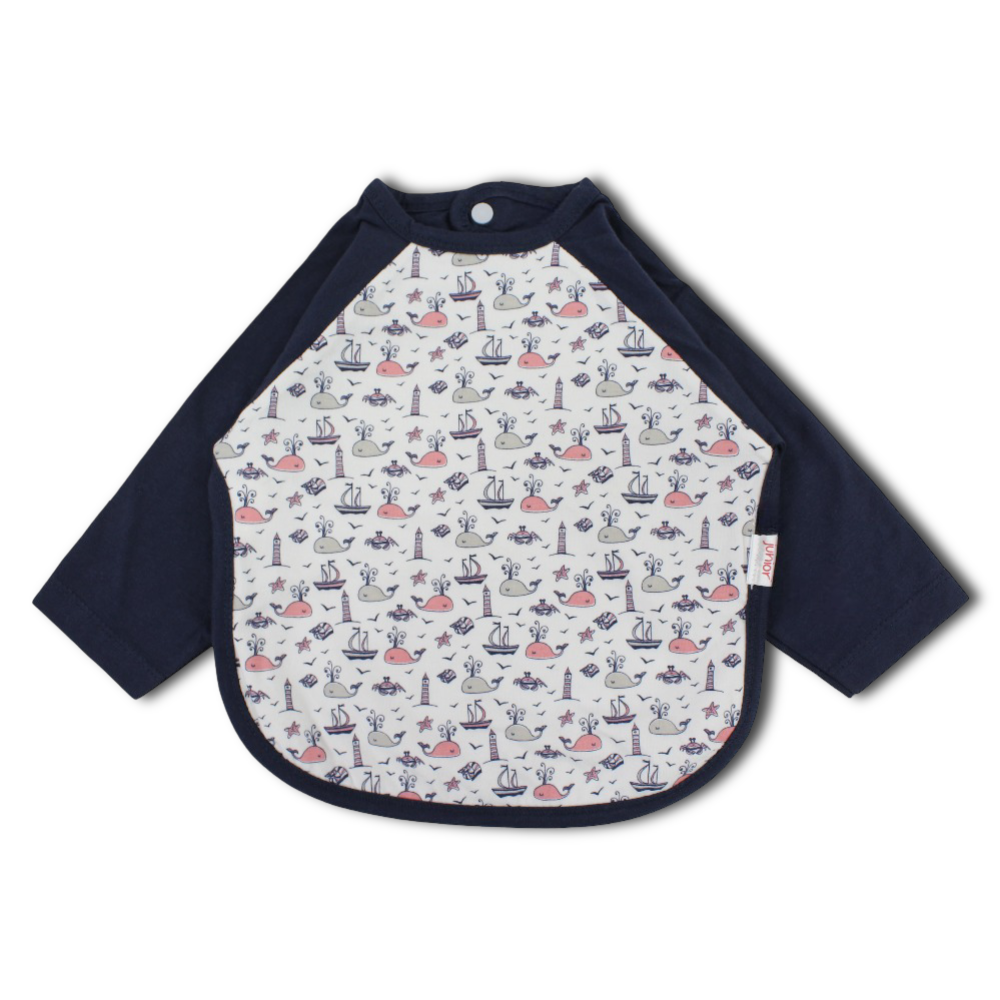Cotton Baby Bib – Navy with Whales, Lighthouses, and Boats Print