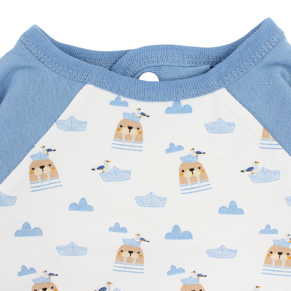 Cotton Baby Bib – Baby Blue with Walrus and Boat Print