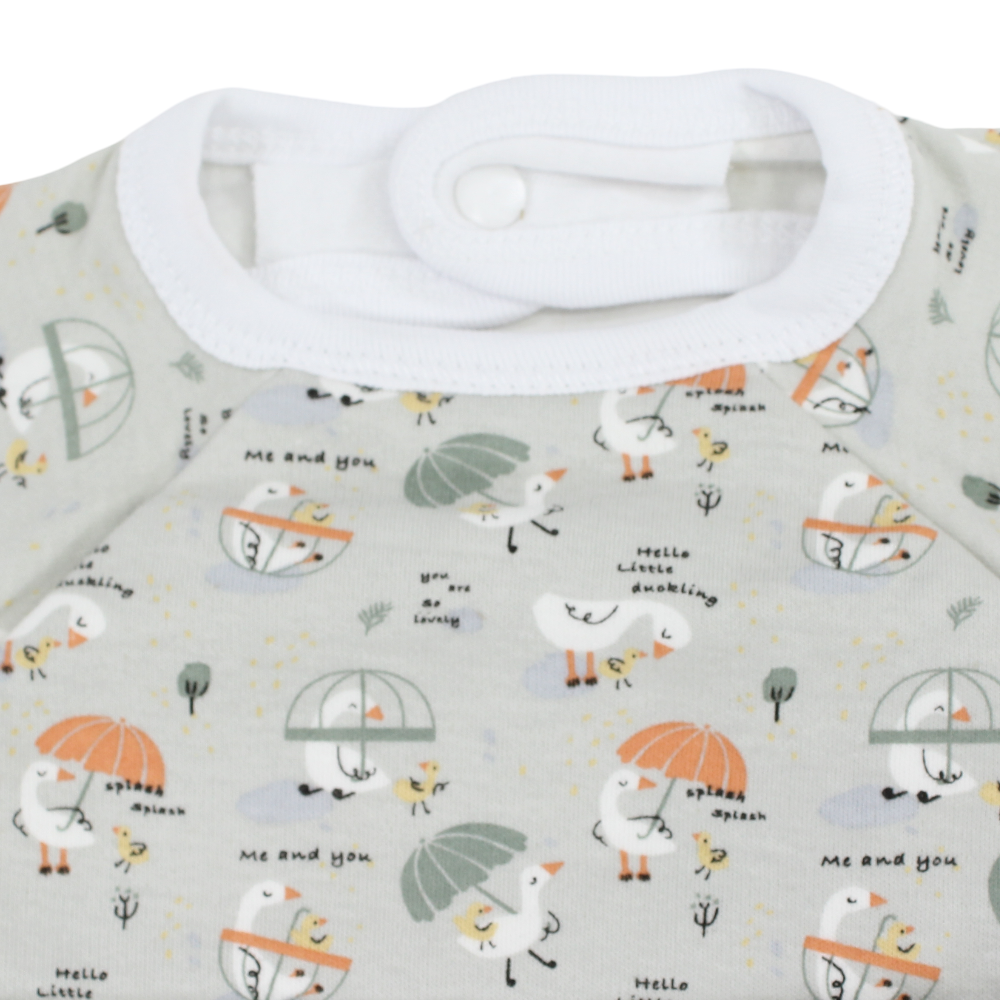 Baby Cotton Bib – Grey with Goose & Umbrella Print