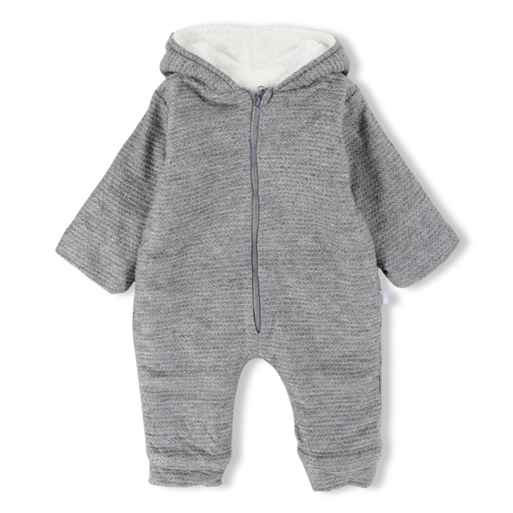 Baby Boys Cotton Hooded Footless Onesie – Grey with Bear Ears Design