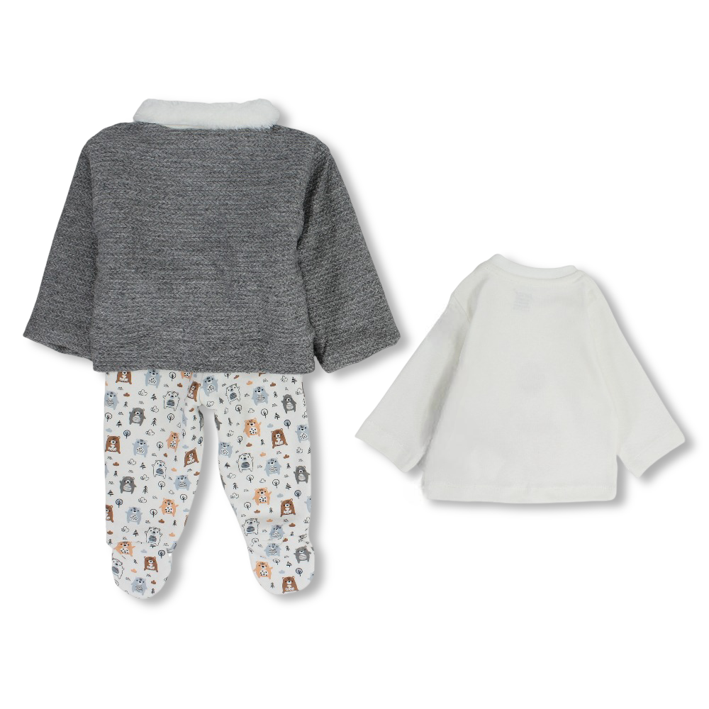 Baby Boys Cotton Pajama Set– Grey with Bear Design (3 Pieces)
