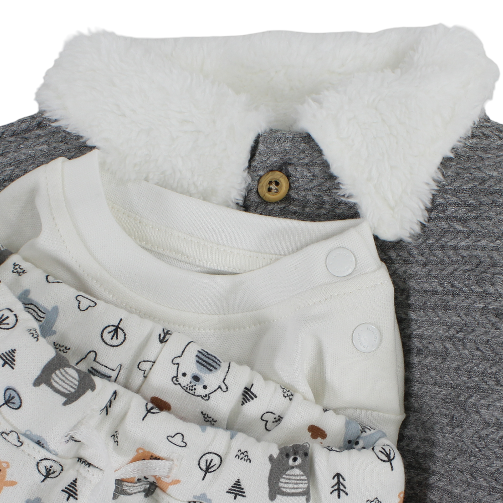 Baby Boys Cotton Pajama Set– Grey with Bear Design (3 Pieces)