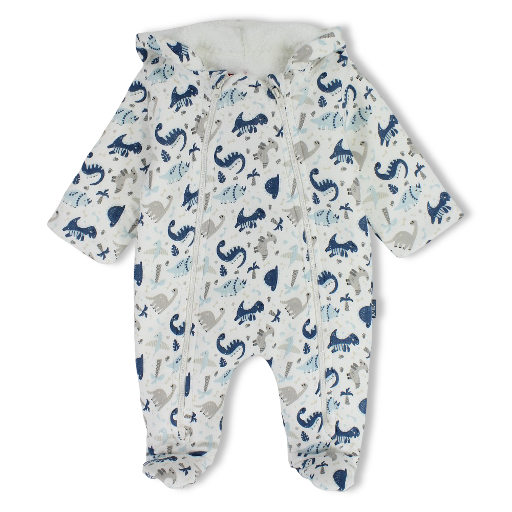 Baby Boys Cotton Hooded Baby Footie – Off-White with Dinosaur Print