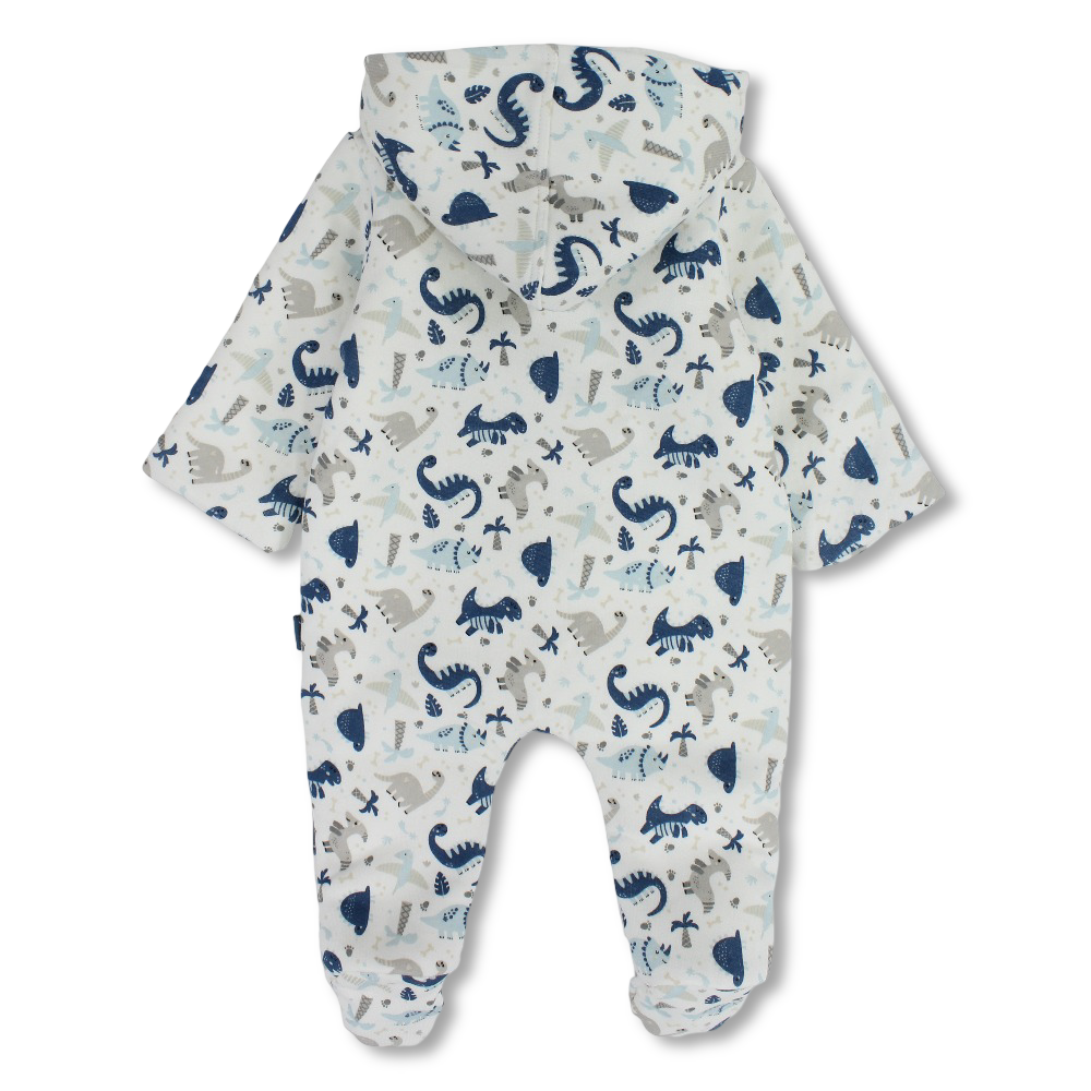 Baby Boys Cotton Hooded Baby Footie – Off-White with Dinosaur Print