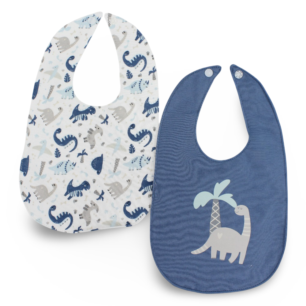 Baby Cotton Bibs – Indigo & Off-White with Dinosaur Print (2 Pieces)