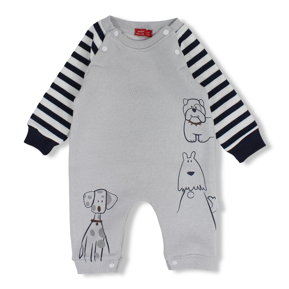 Baby Boys Cotton Baby Footie – Grey with Puppy Prints