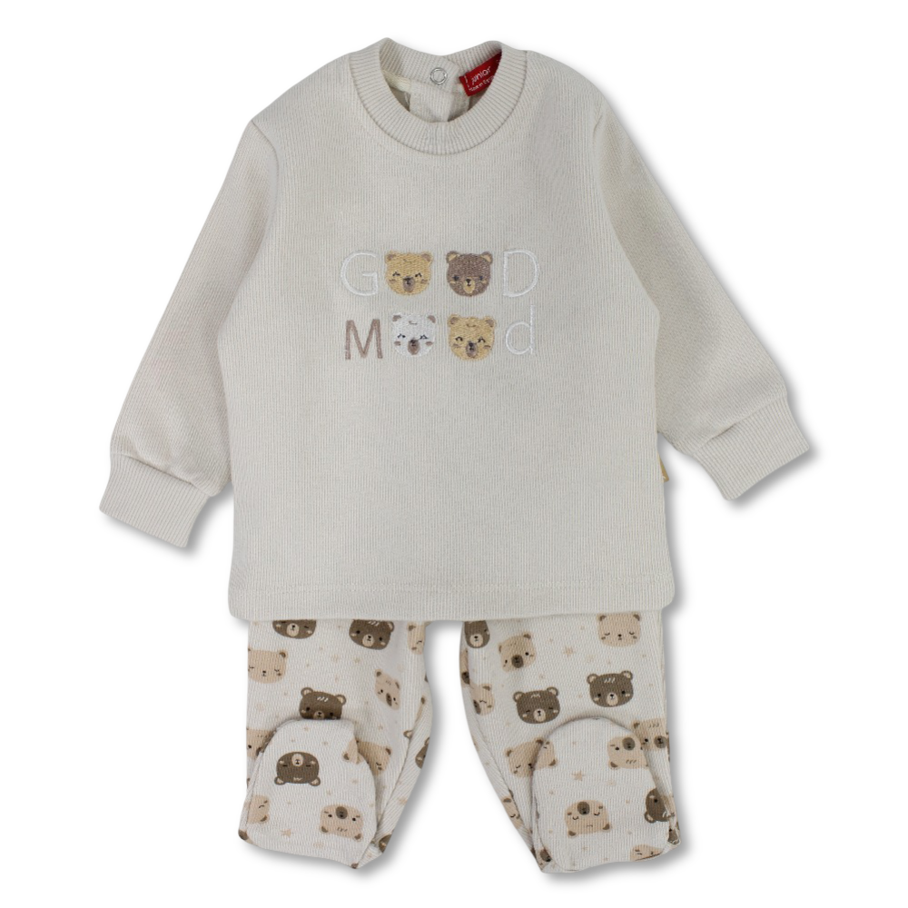 Baby Boys Wool Pajama – Beige with “Good Mood” Design