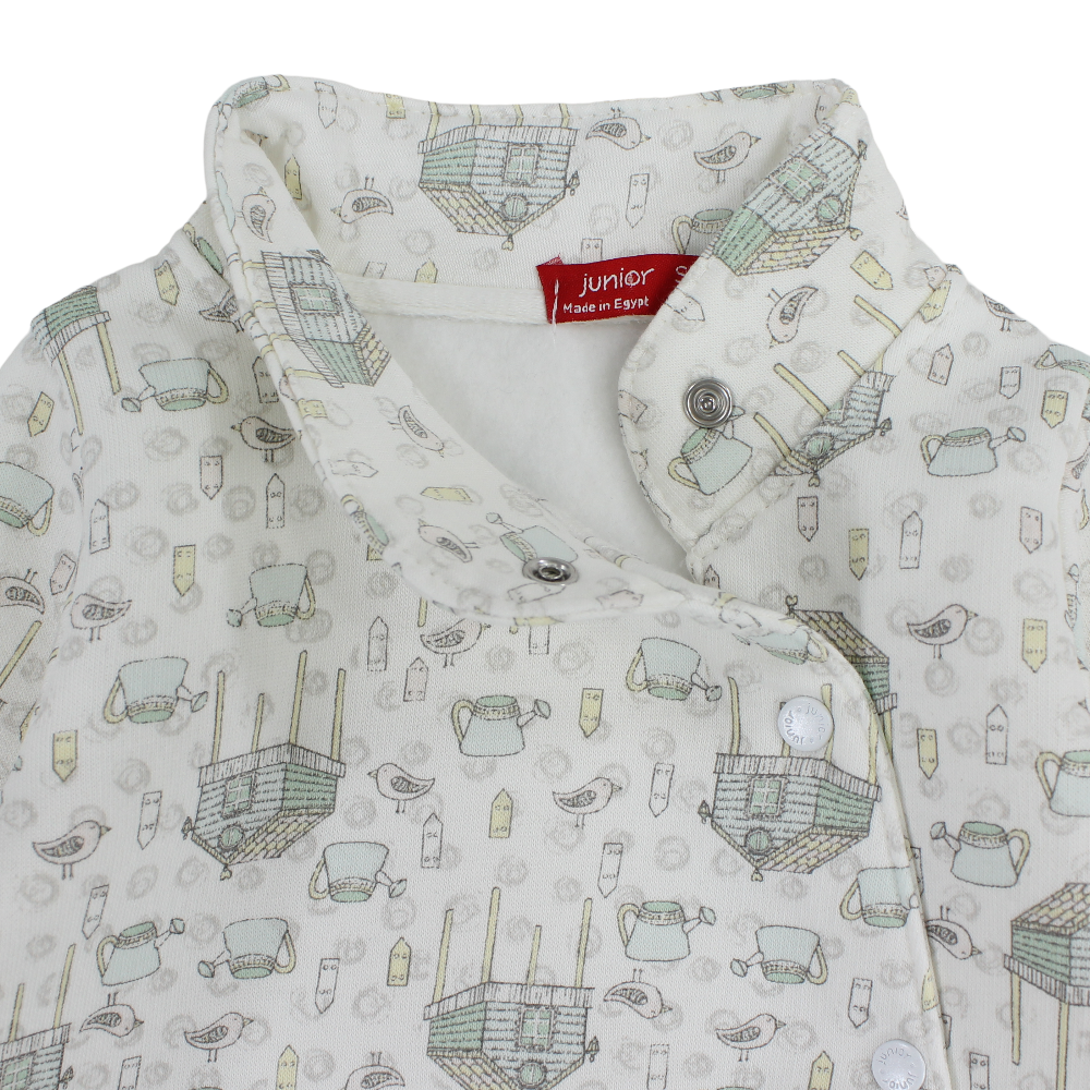 Baby Girls Cotton Footless Onesie – Off-White with Birds and Teapots Print