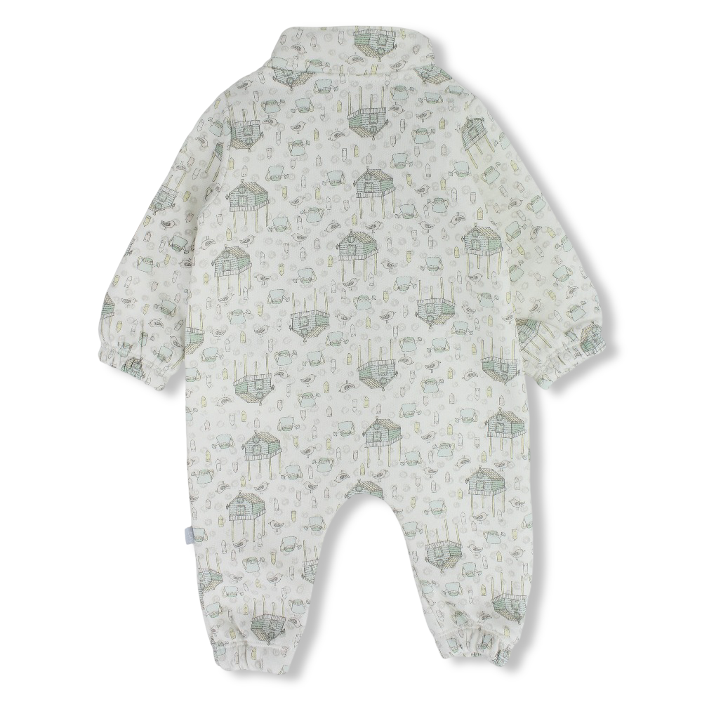 Baby Girls Cotton Footless Onesie – Off-White with Birds and Teapots Print
