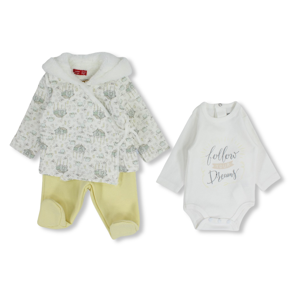 Baby Girls 3-Piece Cotton Pajama Set – Off-White with Teapots and Birds Design